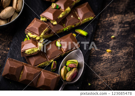 Dubai chocolate with kadayif pistachio filling 123085478