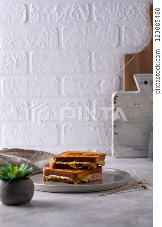 Grilled sandwich with ham and melted cheese 123085480