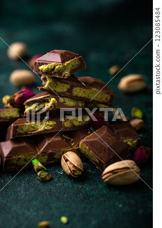 Dubai chocolate with kadayif pistachio filling 123085484