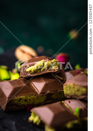 Dubai chocolate with kadayif pistachio filling Dubai chocolate with kadayif pistachio filling 123085487