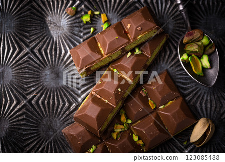 Dubai chocolate with kadayif pistachio filling Dubai chocolate with kadayif pistachio filling 123085488