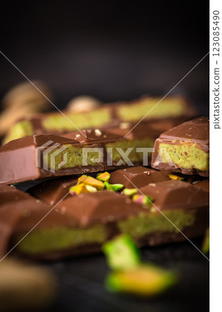 Dubai chocolate with kadayif pistachio filling Dubai chocolate with kadayif pistachio filling 123085490
