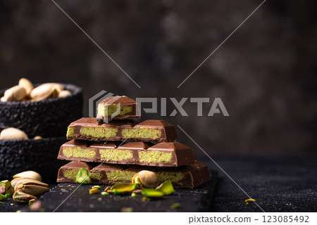 Dubai chocolate with kadayif pistachio filling Dubai chocolate with kadayif pistachio filling 123085492