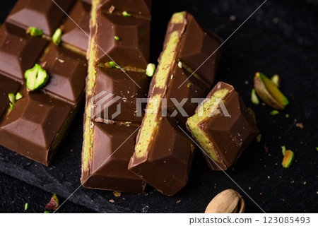 Dubai chocolate with kadayif pistachio filling 123085493
