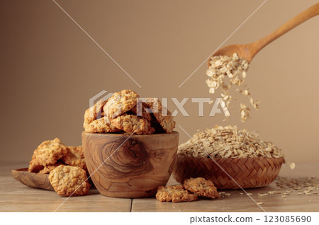 Oatmeal cookies on a beige background. 123085690