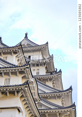 Close up detail of Himeji castle with autumn blue sky white cloud, frame one of japan's best destination for travel, Hyogo Japan. 123085802