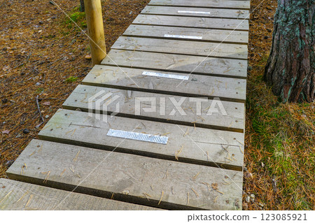 Wooden boardwalk in a nature park with narrow corrugated metal anti-slip plates Wooden boardwalk in a nature park with narrow corrugated metal anti-slip plates 123085921