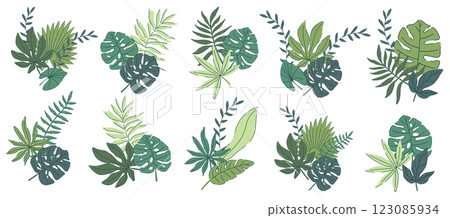 Hand drawn jungle leaves set with monstera, palm, fern, botanical elements. Vector illustration in modern tropical style. Green nature design for decoration, print, invitation, textile, eco interior Hand drawn jungle leaves set with monstera, palm, fern, botanical elements. Vector illustration in modern tropical style. Green nature design for decoration, print, invitation, textile, eco interior 123085934