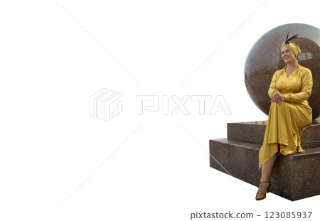 1920s style Happy sexy flapper woman sitting on large granite ball, golden classic luxury dress 1920s style Happy sexy flapper woman sitting on large granite ball, golden classic luxury dress 123085937