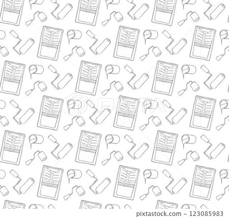 Paint tray and paint roller and color can seamless pattern. Vector graphic line illustration. 123085983