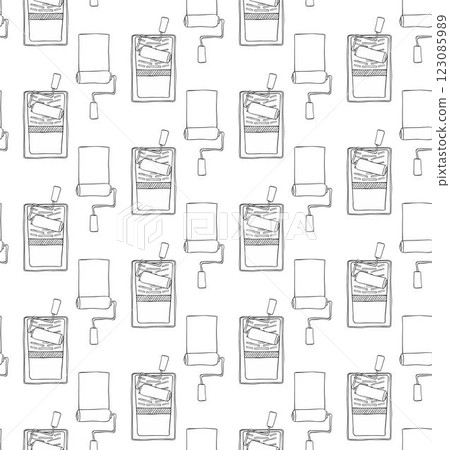 Seamless pattern paint roller, stroke, tray. Vector graphic line Home repair tools, instruments hand drawn doodle set, illustration, elements, stickers, icons. Isolated on white background. 123085989