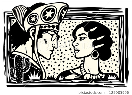Lampiao and Maria Bonita. Bandits, folk heroes of Brazil. Brazilian cordel style. Northeast woodcut Lampiao and Maria Bonita. Bandits, folk heroes of Brazil. Brazilian cordel style. Northeast woodcut 123085996