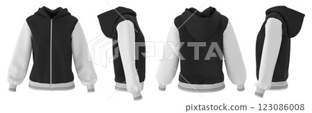 3D Render, Women's Black and White Bomber Jacket with Hoodie Mockup, Front, Back, Side Views 123086008