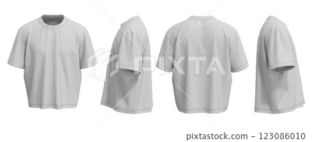 High quality 3D render of a gray oversized t-shirt mockup. Includes front, side, and back views for professional presentations. 123086010