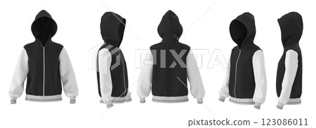 3D Render, Women's Black and White Bomber Jacket with Hoodie Mockup, Front, Back, Side Views 123086011