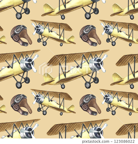 Seamless pattern of retro ocher colored airplanes and pilot helmets. A hand-drawn watercolor illustration. A color image of the first vintage-style aircraft. On a light brown background. 123086022