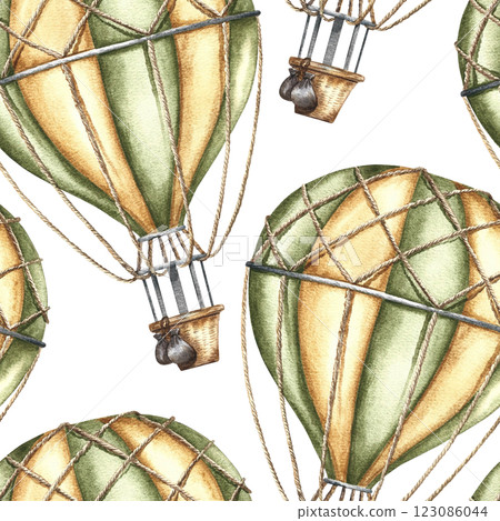 Seamless pattern of flying balloons with basket, vintage style. Handmade watercolor illustration. A color image of a trip around the world. For textiles, wallpaper, wrapping paper and more. 123086044