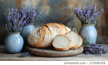 Freshly baked bread, a rustic kitchen setting with vases and lavender in the background. 123086168