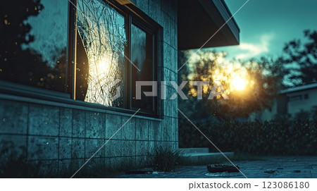 Shattered glass window in an old wooden building with warm sunlight reflecting through the cracks 123086180