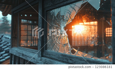 Shattered glass window in an old wooden building with warm sunlight reflecting through the cracks 123086181