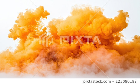 Isolated orange fog or smoke effect on white background. Steam explosion special effect. 123086182
