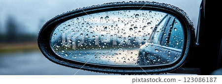It is difficult to see through a side mirror when raindrops are falling on it in bad weather. 123086187