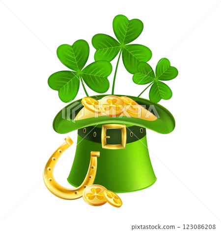 Leprechaun Top Hat with Shamrocks and Gold Coins. 123086208