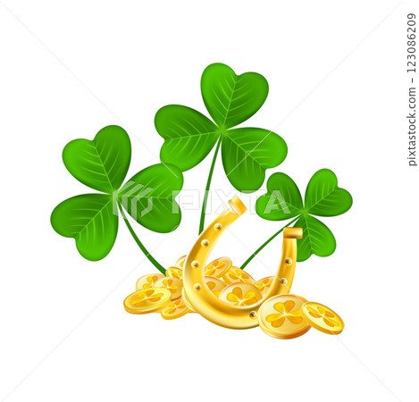 Realistic shamrock gold coin. Trefoil leprechaun money. 123086209