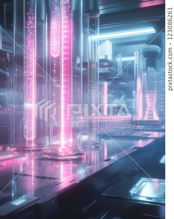 Bright sterile laboratory with AI actively manipulating advanced scientific processes using glowing, transparent equipment 123086261