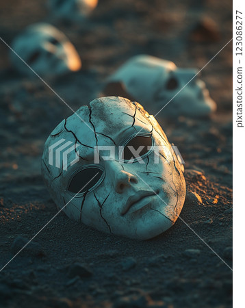 Cracked Discarded AI Masks Lying on the Ground Under Soft Light at Dusk Cracked Discarded AI Masks Lying on the Ground Under Soft Light at Dusk 123086277