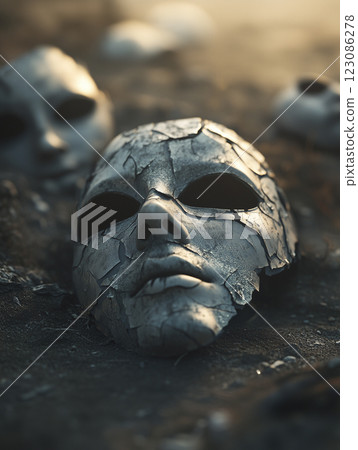 Cracked discarded AI masks scattered on the ground in a desolate location at dusk 123086278
