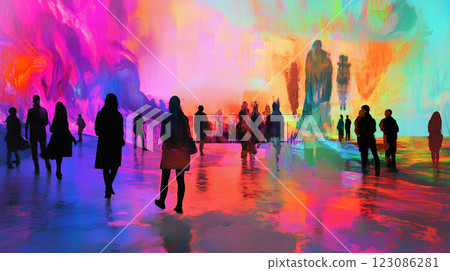 Colorful AI-generated art gallery invites visitors to explore vibrant creativity in a modern space 123086281