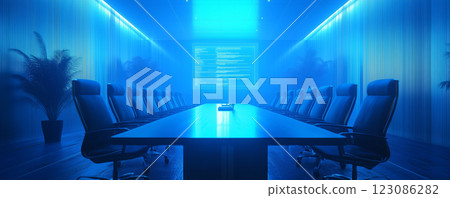 Corporate boardroom illuminated by AI technology with futuristic ambiance and digital displays during a strategic meeting 123086282