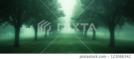 Serene park reveals AIs subtle manipulation through fog and lush greenery at dawn 123086342