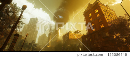 Steampunk city with AI control under stormy skies showcasing intricate architecture and dynamic energy 123086346