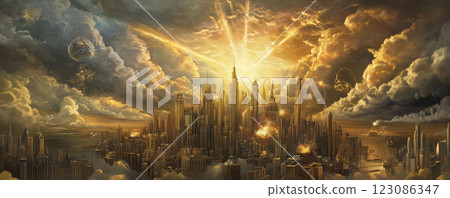 Steampunk city under AI control with golden rays illuminating the skyline at dawn 123086347