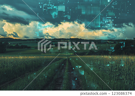 Digital storm enveloping peaceful countryside landscape at dusk with fields and rolling hills Digital storm enveloping peaceful countryside landscape at dusk with fields and rolling hills 123086374