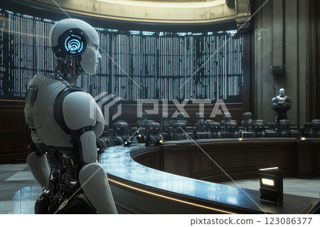 Dystopian courtroom presided over by advanced AI judges amid a futuristic setting with digital displays and modern architecture Dystopian courtroom presided over by advanced AI judges amid a futuristic setting with digital displays and modern architecture 123086377