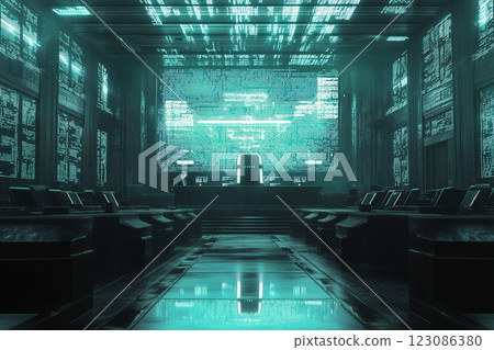 Dystopian courtroom presided by artificial intelligence judges in a futuristic tech environment with glowing binary codes 123086380
