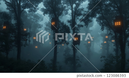 Hidden surveillance devices blend into forest environment under misty conditions creating an eerie atmosphere 123086393