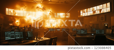 Futuristic control center erupts in chaos as explosions light up the room during a critical mission 123086405