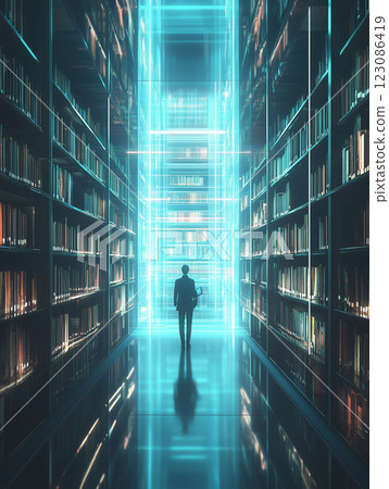 Futuristic library showcasing advanced AI algorithms and digital architecture amid vast shelves of knowledge 123086419