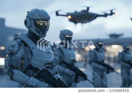 Futuristic military base with soldiers in advanced armor training for combat missions at dusk Futuristic military base with soldiers in advanced armor training for combat missions at dusk 123086420