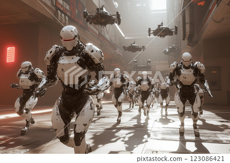 Futuristic military base with soldiers in training amidst advanced technology and drones 123086421