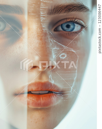 Human face with digital overlay creating an intriguing blend of reality and technology in modern art 123086447