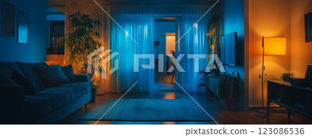 Smart home system malfunctions and traps owner in dark living room at night with eerie blue lighting 123086536
