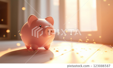 Pastel pink piggy bank sitting on a sunlit floor with soft sparkles creating a warm and inviting atmosphere 123086587