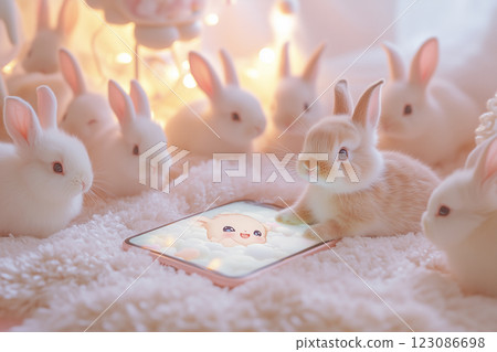 Smartphone resting on a pastel rug with cute bunnies gathered around engaging with a cheerful screen design 123086698