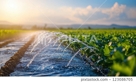 Efficient field irrigation system watering green crops, vibrant and fresh agricultural scene. Efficient field irrigation system watering green crops, vibrant and fresh agricultural scene. 123086705
