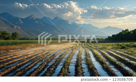 Efficient field irrigation system watering green crops,  vibrant and fresh agricultural scene. 123086709